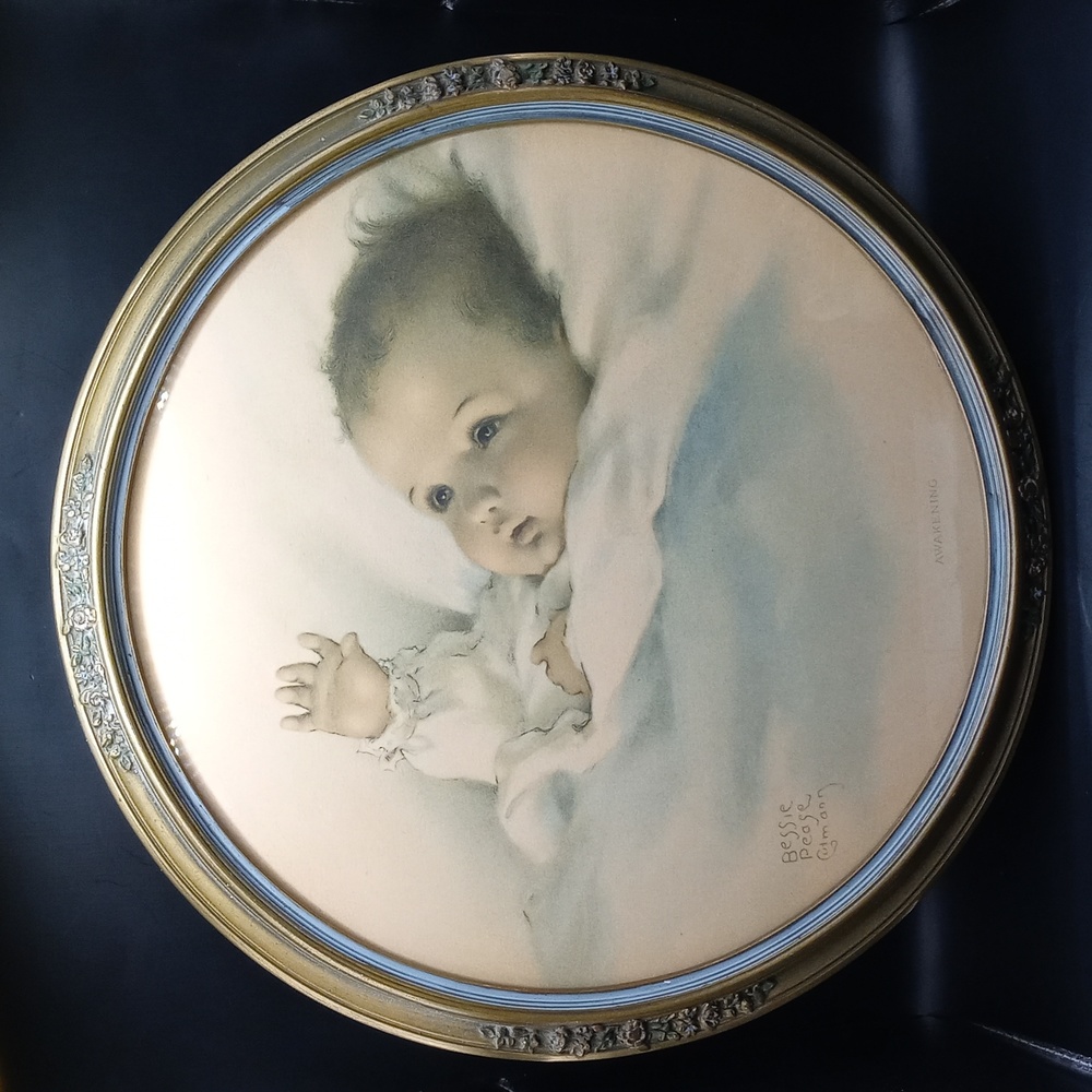 Vintage Bessie Pease Gutmann Framed Print in Glass with Round Oak Carved Frame